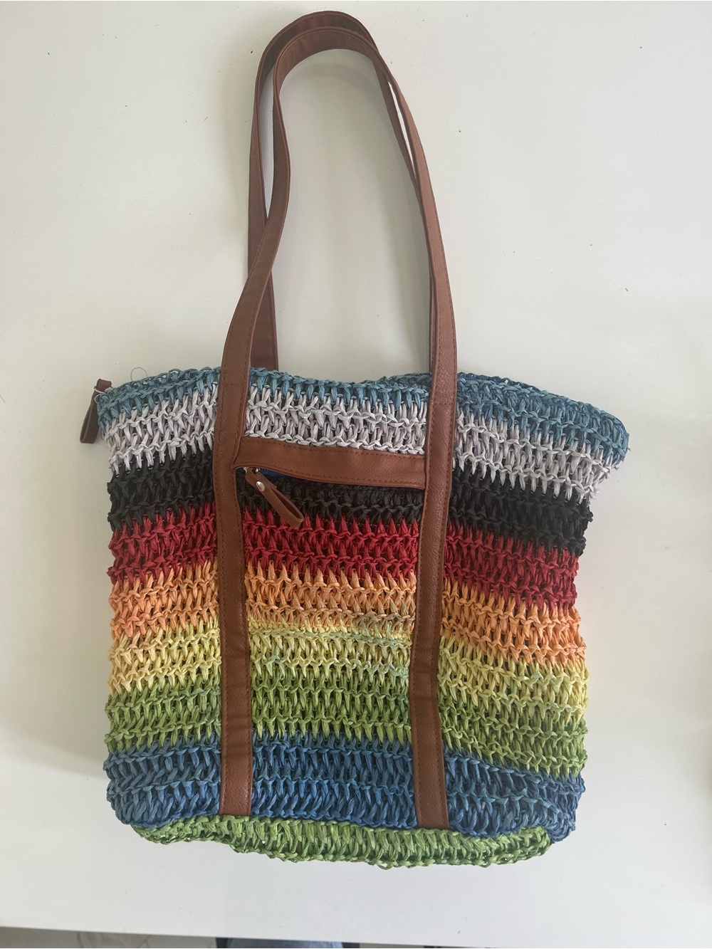 Multicolor Crochet Stripe Tote Bag with Brown Handles